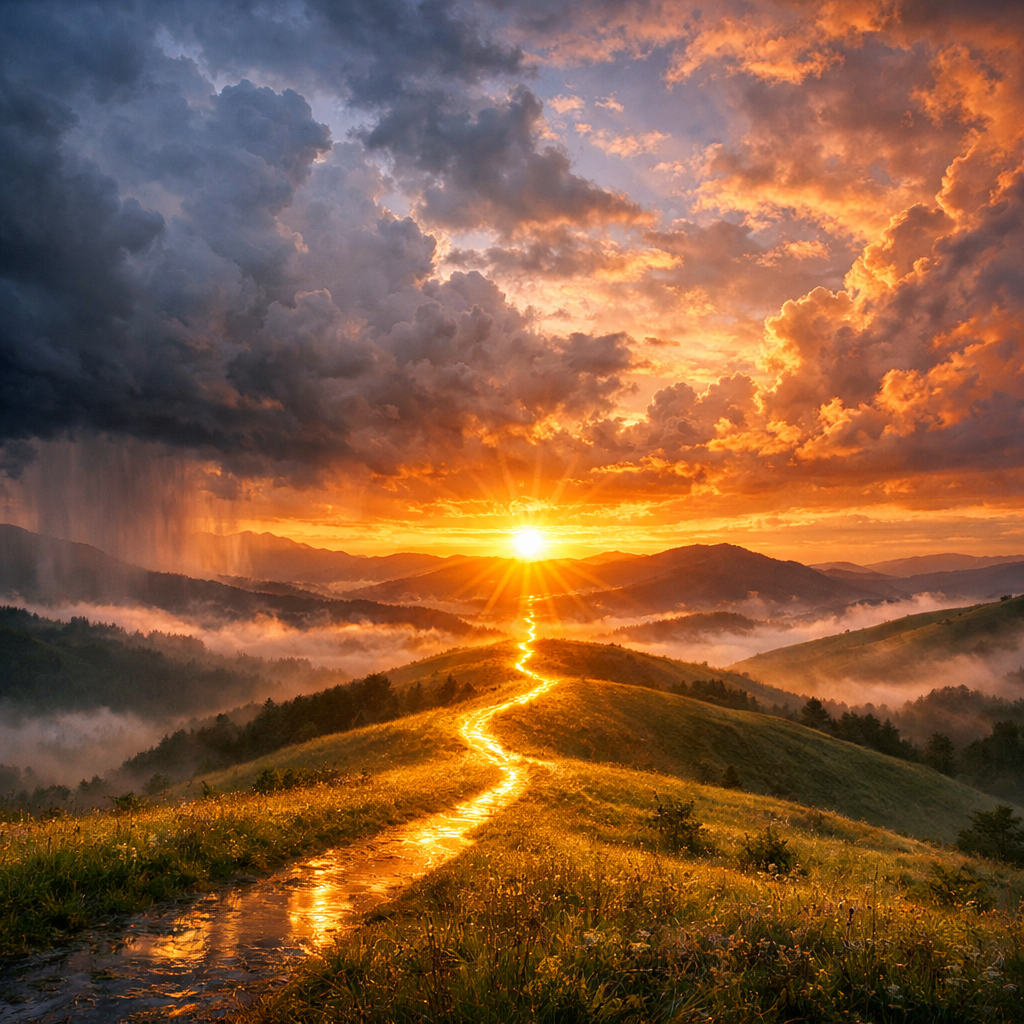 Path leading over green hills with mist and a bright sunset
